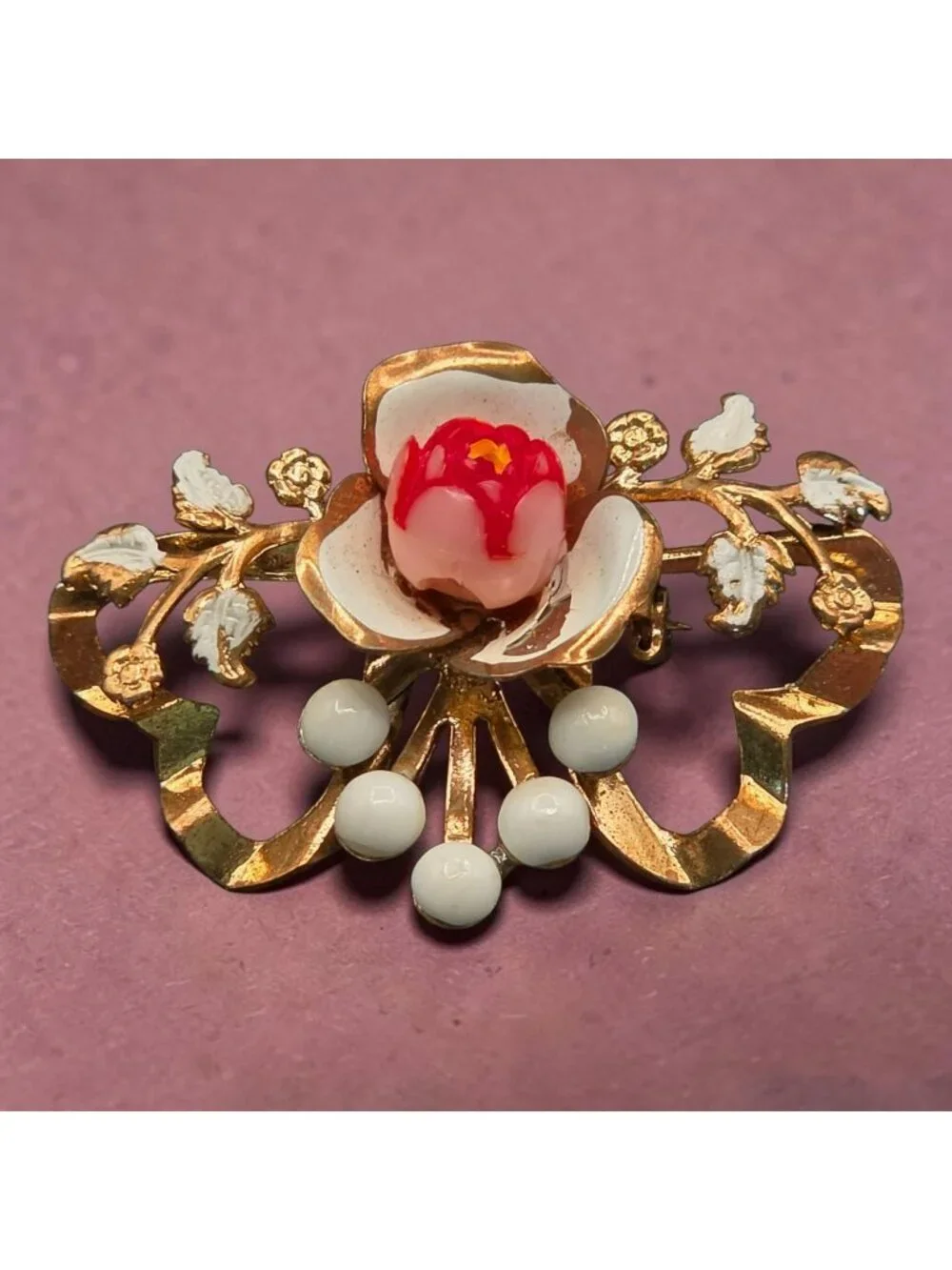 Vintage Gold-Tone Floral Brooch Enamel Details Milk Glass Accents